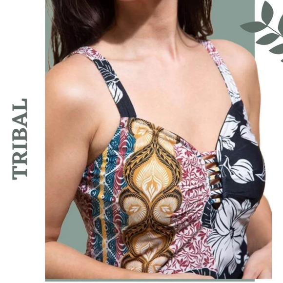 Tribal Reversible Tankini Top Floral and Solid Black Gold - Picture 1 of 4